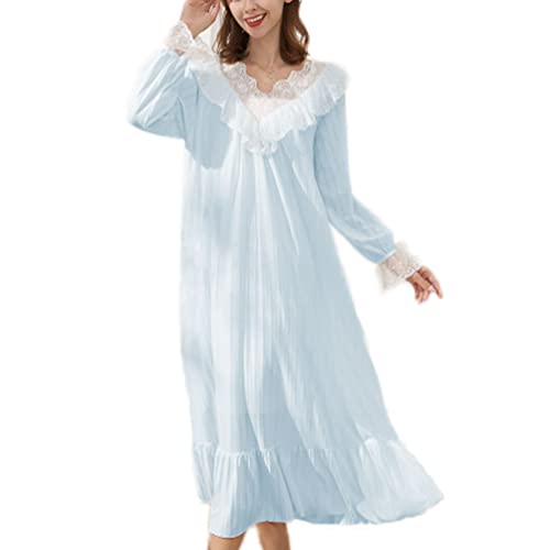 OKSakady Damen Lange Ärmel Baumwolle Nachthemd Midi Länge Spitze Prinzessin Nachtkleid Schlafanzug Kleid (Blau, XL) von OKSakady