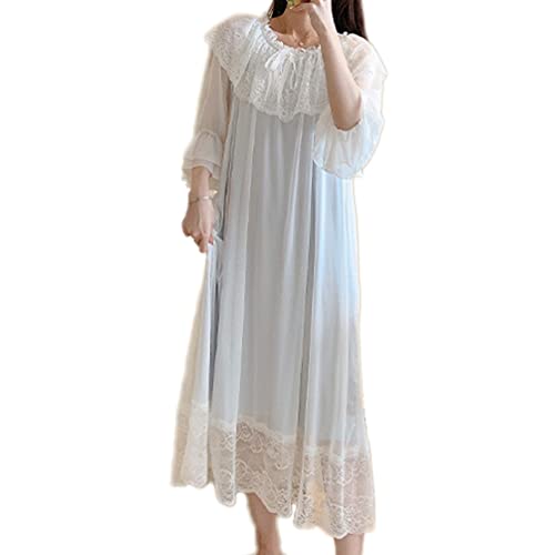 OKSakady Damen Lange Ärmel Baumwolle Nachthemd Midi Länge Spitze Prinzessin Nachtkleid Schlafanzug Kleid (Blau 1, M) von OKSakady