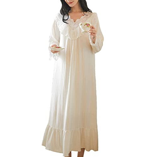 OKSakady Damen Lange Ärmel Baumwolle Nachthemd Midi Länge Spitze Prinzessin Nachtkleid Schlafanzug Kleid von OKSakady