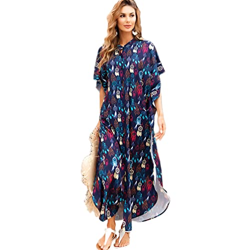 OKSakady Damen Langer Kaftan 3/4 Ärmel Sommer Maxikleid Fledermaus Blumen Tunika Strandbluse Übergroßer Urlaub Bikini Sonnenhemd Strand Langer Rock von OKSakady