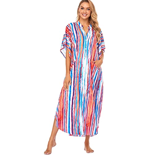 OKSakady Damen Langer Kaftan 3/4 Ärmel Sommer Maxikleid Fledermaus Blumen Tunika Strandbluse Übergroßer Urlaub Bikini Sonnenhemd Strand Langer Rock von OKSakady