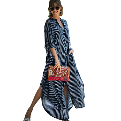 OKSakady Damen Langer Kaftan 3/4 Ärmel Sommer Maxikleid Fledermaus Blumen Tunika Strandbluse Übergroßer Urlaub Bikini Sonnenhemd Strand Langer Rock von OKSakady