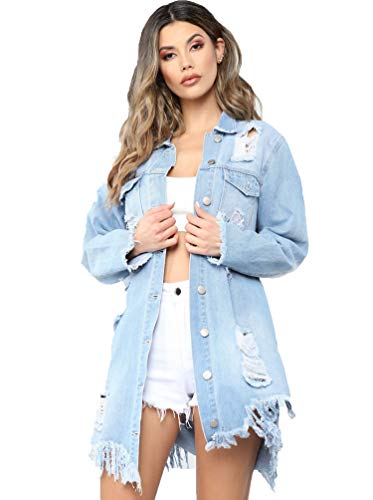 OKSakady Damen Riss Löcher Rückenfrei Lange Ärmel Denim Jacke Button-down Jean Mantel von OKSakady