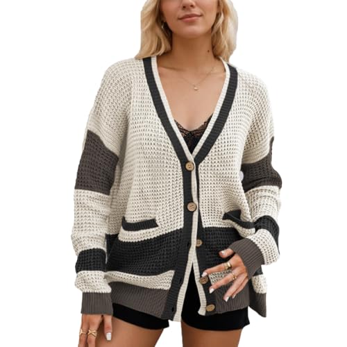 OKSakady Damen Strickwaren Farbblock Langarm Pullover Cardigan Mit Zwei Taschen V-Ausschnitt Knöpfe Trendy Mantel von OKSakady