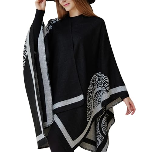 OKSakady Damen Bedruckt Poncho Cape Reversible Oversized Schal Strickjacken mit offener Vorderseite Wickeln Tragen auf mehrere Arten von OKSakady