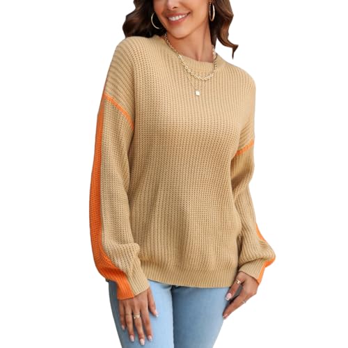 OKSakady Frauen Rundhals Zwei Farben Strickpullover Strick Langarm Tops für Damen Lose Freizeit Pullover von OKSakady