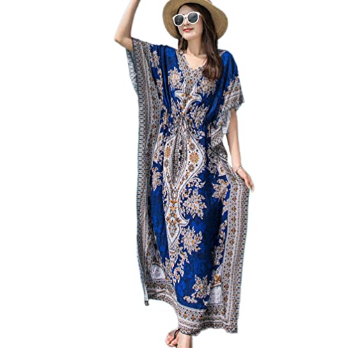 OKSakady Langer Kaftan für Damen 3/4-Ärmel Sommer-Maxikleid Fledermaus-Blumen-Tunika von OKSakady