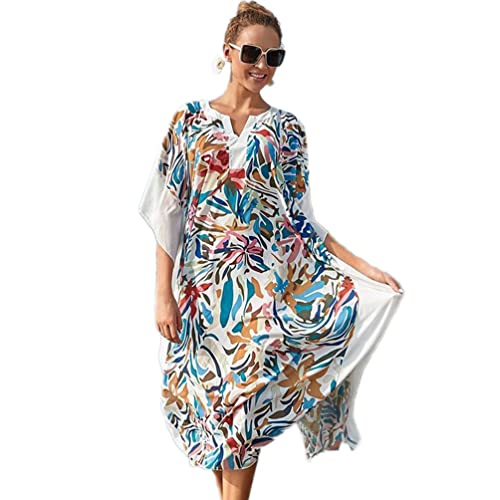 OKSakady Langer Kaftan für Damen 3/4-Ärmel Sommer-Maxikleid Fledermaus-Blumen-Tunika von OKSakady