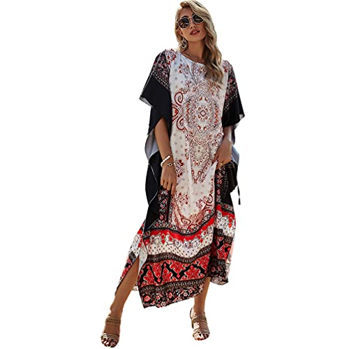 OKSakady Langer Kaftan für Damen 3/4-Ärmel Sommer-Maxikleid Fledermaus-Blumen-Tunika von OKSakady