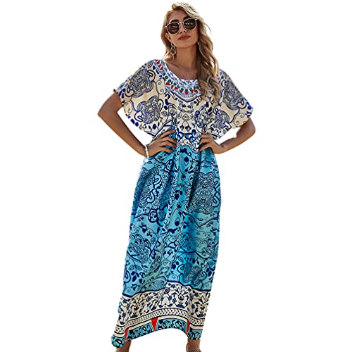 OKSakady Langer Kaftan für Damen 3/4-Ärmel Sommer-Maxikleid Fledermaus-Blumen-Tunika von OKSakady