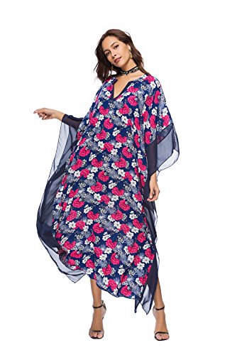 OKSakady Long Damen Kaftan 3/4 Ärmel Sommer Maxikleid Batwing Flower Tunika von OKSakady