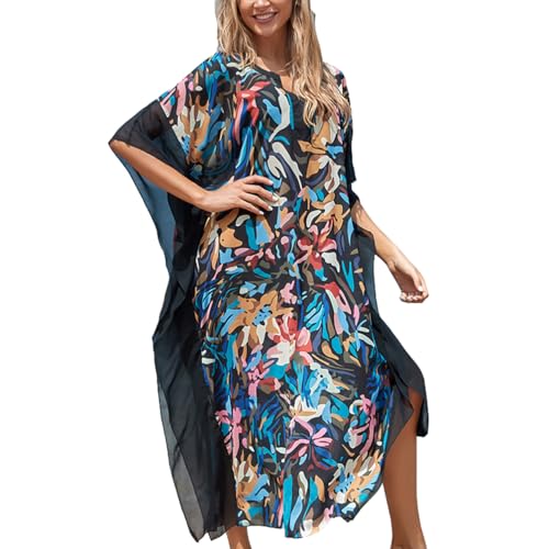 OKSakady Long Damen Kaftan 3/4 Ärmel Sommer Maxikleid Batwing Flower Tunika von OKSakady