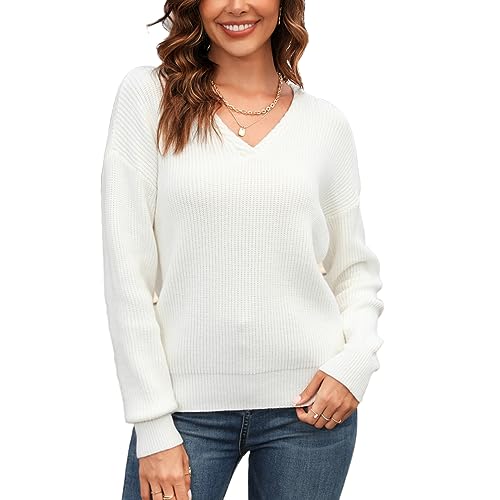 OKSakady Womens Gewebter V-Ausschnitt Pullover Strick Langarm Tops für Damen Einfarbiger Freizeitpullover von OKSakady