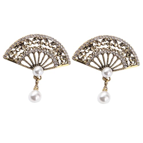 OKUMEYR 2 Stck. Retro Fächer Broschen Zinklegierung mit Chinesischem Stil Mattgoldenes Vintage Design Strahlende Perlenverzierung Anstecknadeln für Festliche Anlässe und Hochzeiten von OKUMEYR
