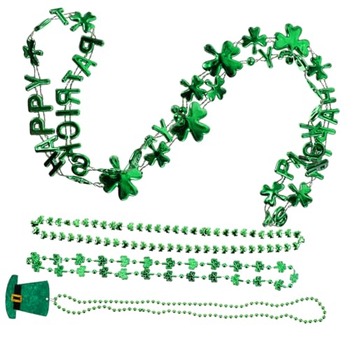 OKUMEYR Irland Festival Halskette 4 Stück Runde Perlenkette mit Kleeblatt Anhänger St Patrick'S Day Party Schmuck Kostüm Accessoires Geeignet für Paraden Restaurants Bars Vlies Grün von OKUMEYR