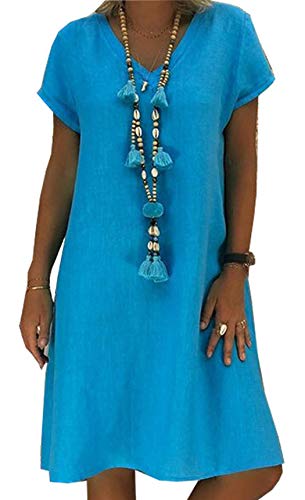 Damen Sommerkleid Kleider V-Ausschnitt Strandkleider Einfarbig A-Linie Kleid Boho Knielang Kleid Lose Rundhals Kurzarm Casual Kleider Große Größen von OKWIN