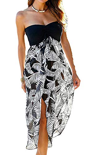 OKWIN Bohemian Damen Blumendruck Schulterfrei Knielang Strandkleid Schwarz Weiß Sommerkleid Frauen Bandeau Casual Kleider Bikini Cover up Kleid von OKWIN