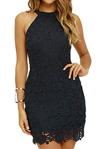 OKWIN Damen Kleid Halfter Spitze Ärmelloses Minikleid Hoher Rundhalsausschnitt Rückenfreier Cocktailparty Bodycon Spitze Minikleid von OKWIN