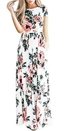 OKWIN Damen Kleider Blumen Kleid Elegant Maxikleid Floral Print Böhmischen Strand Maxi Kleid Casual Lange Dress Rundhals Blumenkleid von OKWIN