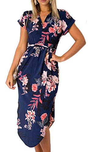 OKWIN Damen Sommerkleider Kurzarm V-Ausschnitt Strand Blumen Kleider Abendkleid Knielang Mode Freizeit Kleid Partykleid X von OKWIN