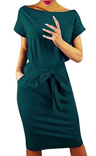 OKWIN Freizeit Kleid mit Gürtel Damen Elegant Rundhals Knielang Kleider Blusenkleider Ballkleid Festkleid Frauen Tasche Wickelkleider Abendkleider Partykleid von OKWIN