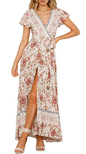 OKWIN Kleider Boho Sommerkleid Damen V-Ausschnitt Maxikleid Kurzarm Strandkleid Lang mit Gürtel Schlitz Vintage Blumen Maxi Kleid Dress von OKWIN