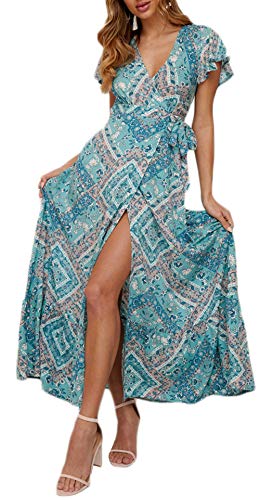 OKWIN Kleider Boho Sommerkleid Damen V-Ausschnitt Maxikleid Kurzarm Strandkleid Lang mit Gürtel Schlitz Vintage Blumen Maxi Kleid Dress von OKWIN