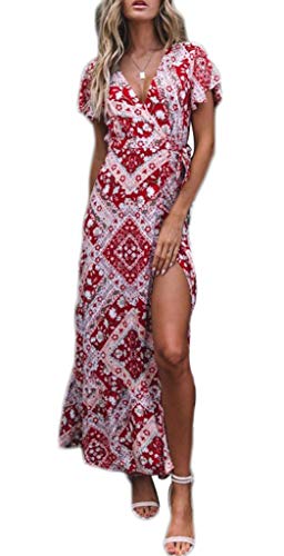 OKWIN Kleider Boho Sommerkleid Damen V-Ausschnitt Maxikleid Kurzarm Strandkleid Lang mit Gürtel Schlitz Vintage Blumen Maxi Kleid Dress von OKWIN