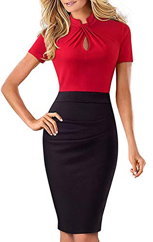 OKWIN Kleider Business Bleistiftkleid Etuikleid Knielang Retro Damen Etui Abendkleid Elegant Vintage Stehkragen Kurzarm Bodycon Kleid von OKWIN