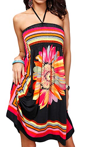 OKWIN Sommer Aztec Bandeau Bunt Kleid Damen Schulterfrei Blumen Boho Paisley Print Strandkleid Neckholder Minikleid Casual Partykleid Sommerkleider M-2XL von OKWIN