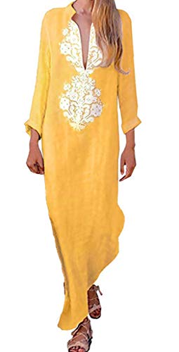 OKWIN Vintage Damen V-Ausschnitt Langarm Ethnic Print Maxi Dress Langes Kleid Mode Damen Leinen Maxikleid Split Hem Baggy Kaftan Maxikleider von OKWIN