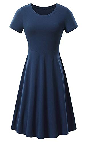 Skaterkleider Knielänge Rundhals Stretch Damen Basic Kleide Kurzarm A-Linie Casual Solide Longshirt T-Shirt Sommer Mini Kleid von OKWIN