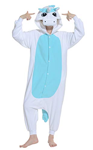 Unisex Kigurumi Jumpsuit Tier Pyjamas Kostüm Fasching Onesie Damen Herren Karneval Cosplay Nachtwäsche, Blau Einhorn von OKWIN