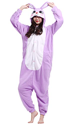 Unisex Kigurumi Jumpsuit Tier Pyjamas Kostüm Fasching Onesie Damen Herren Karneval Cosplay Nachtwäsche, Lila Hase von Magicmode