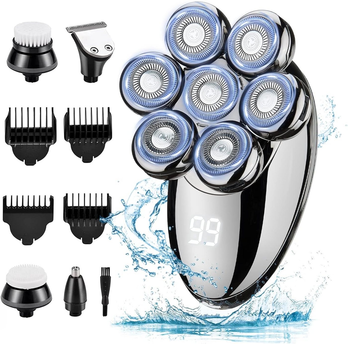 OKWISH Elektrorasierer Rasierer Kopfrasierer Glatzen Herren elektrisch Kopf- Rasierapparat 7D, Präzisionstrimmer, 5 in 1 Haarschneider Rasur Nasenhaartrimmer Detail-Trimmer IPX7 LED, mit 7 Scherköpfe 5 Aufsätzen 3 Grenzkämme Männer glattes Rasurergebnis von OKWISH