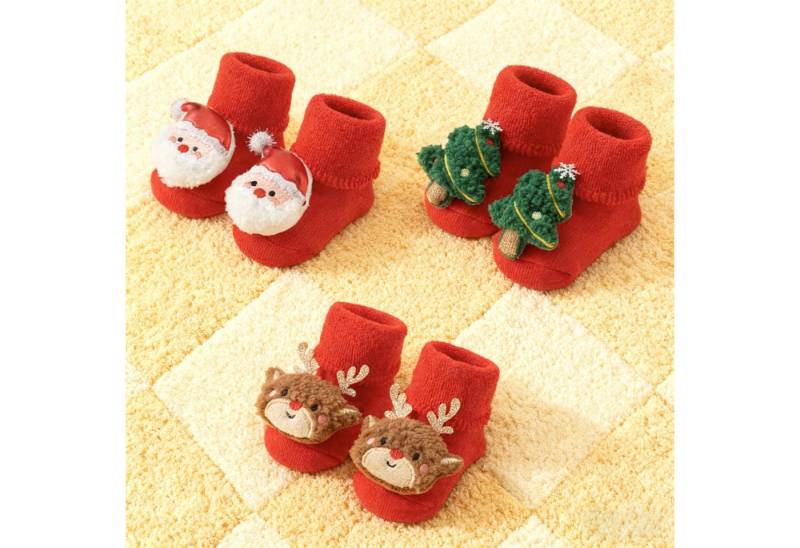 OKWISH Freizeitsocken Baby-Weihnachtsstrümpfe Thermosocken Baumwollsocken (Haussocken Innensocken kältebeständige Socken, 3-Paar, Weiche Baumwolle mit Liebevolle 3D-Weihnachtsmotive) für Babys von 0–3 Jahren im 3-Paar-Set von OKWISH