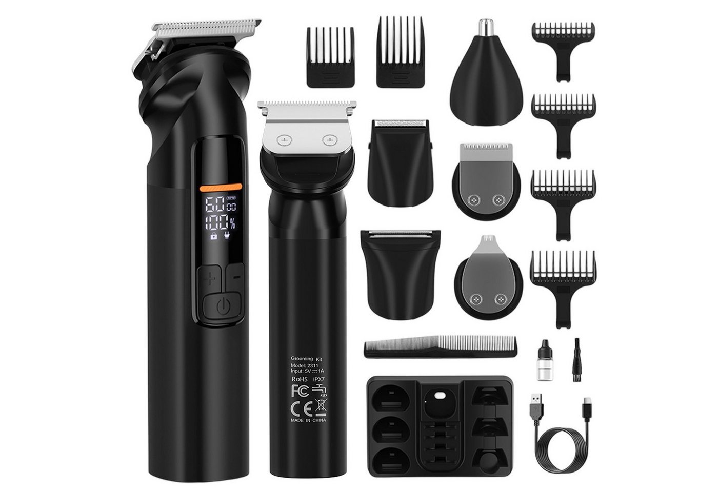 OKWISH Haarschneider 6‑in‑1 Profi Multifunktions Trimmer Bartschneider Set, mit Edelstahlklingen LCD‑Anzeige 3 Geschwindigkeiten, 1200mAh Akku USB-Ladung für Kopf Bart Körper Nasenpflege von OKWISH