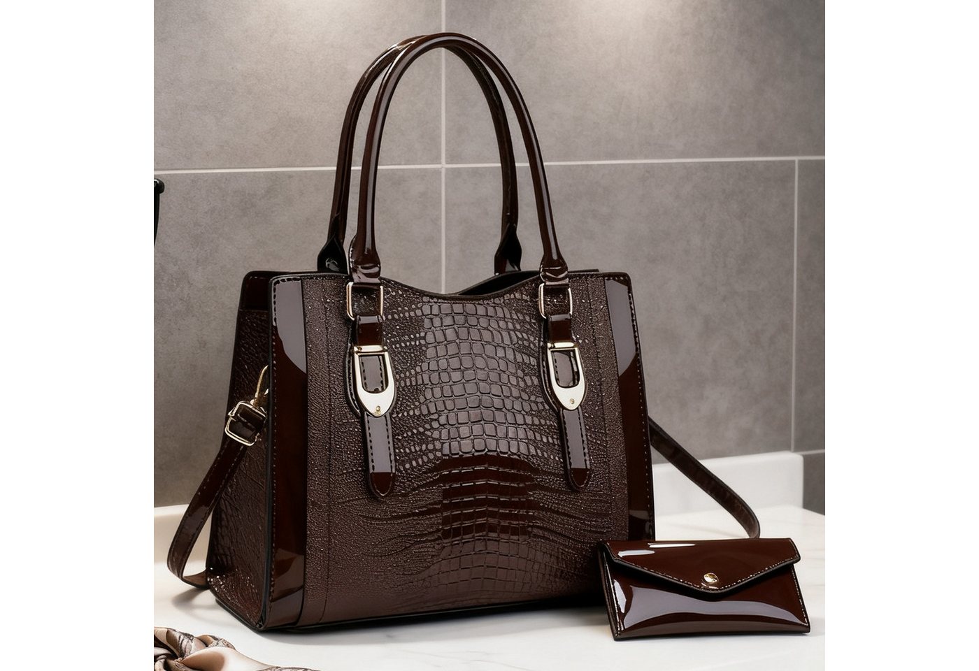 OKWISH Henkeltasche Schultertasche Tragetasche Handtasche Umhängetasche (2-in-1-Set aus Handtasche und Geldbörse, 2-tlg., mit Fächern für Handy Schlüssel und Kosmetik), stilvollem Design für Alltag Reisen und besondere Anlässe von OKWISH