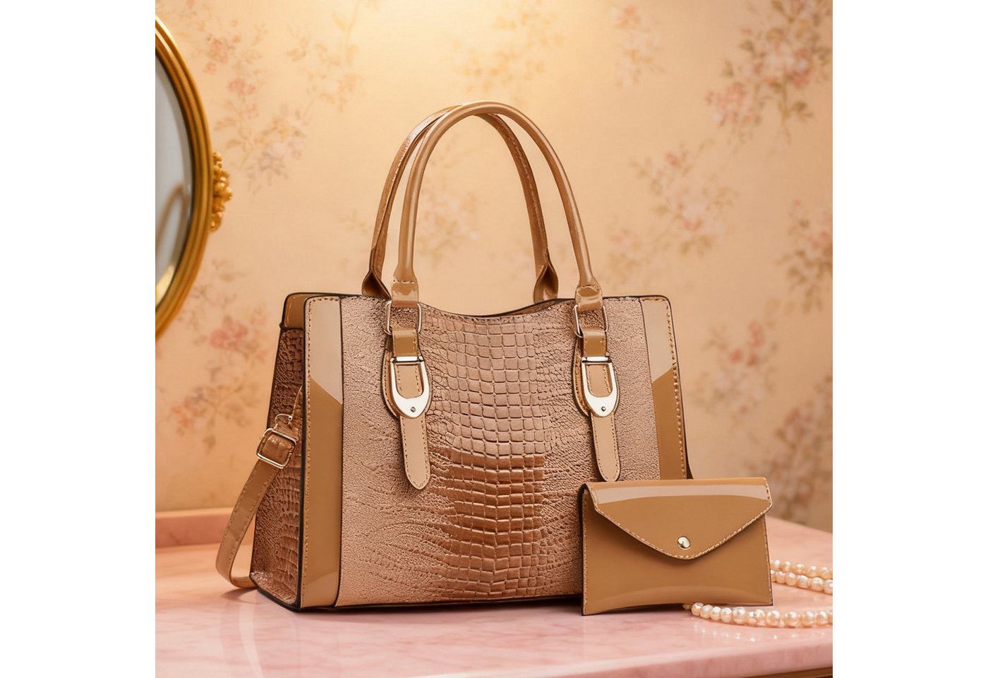 OKWISH Henkeltasche Schultertasche Tragetasche Handtasche Umhängetasche (2-in-1-Set aus Handtasche und Geldbörse, 2-tlg., mit Fächern für Handy Schlüssel und Kosmetik), stilvollem Design für Alltag Reisen und besondere Anlässe von OKWISH