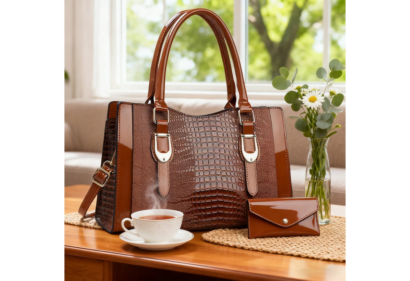 OKWISH Henkeltasche Schultertasche Tragetasche Handtasche Umhängetasche (2-in-1-Set aus Handtasche und Geldbörse, 2-tlg., mit Fächern für Handy Schlüssel und Kosmetik), stilvollem Design für Alltag Reisen und besondere Anlässe von OKWISH