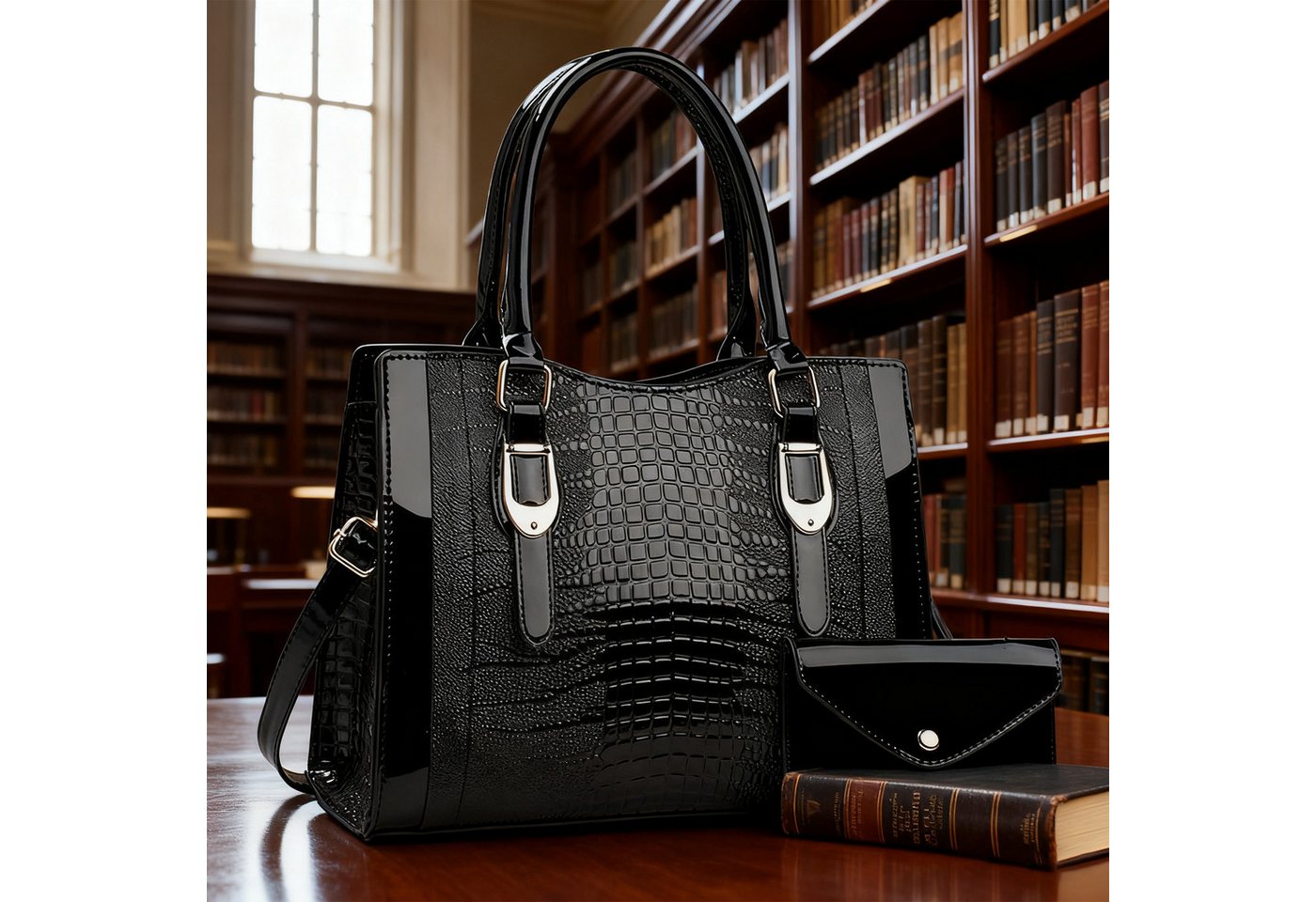 OKWISH Henkeltasche Schultertasche Tragetasche Handtasche Umhängetasche (2-in-1-Set aus Handtasche und Geldbörse, 2-tlg., mit Fächern für Handy Schlüssel und Kosmetik), stilvollem Design für Alltag Reisen und besondere Anlässe von OKWISH