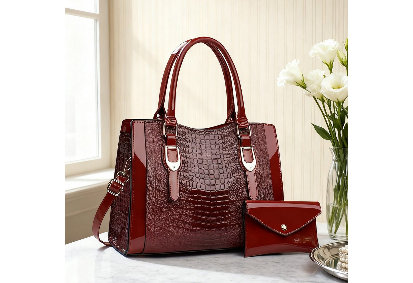 OKWISH Henkeltasche Schultertasche Tragetasche Handtasche Umhängetasche (2-in-1-Set aus Handtasche und Geldbörse, 2-tlg., mit Fächern für Handy Schlüssel und Kosmetik), stilvollem Design für Alltag Reisen und besondere Anlässe von OKWISH