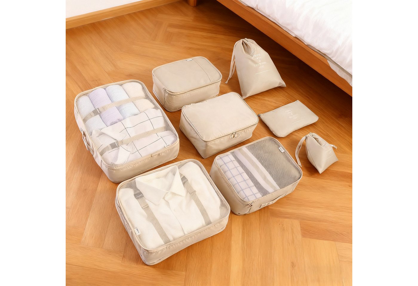 OKWISH Kofferorganizer 8-teiliges Reise-Organizer Set Aufbewahrungsset Kleidersäcke (Gepäcktaschen mit Kleidersäcken Schuhbeutel Wäschebeutel, 8-tlg., Verpackungswürfel, Kleidertaschen), Aufbewahrungstaschen Set platzsparend ideal für Koffer Reisen Alltag von OKWISH