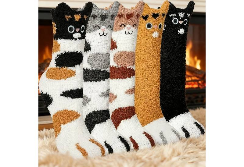 OKWISH Kuschelsocken Thermosocken Haussocken Flauschsocken Wintersocken (mit Niedliches Katzenpfoten-Muster, 5-Paar, extra warm rutschfest und ultra-bequem für Zuhause) Fünf Paar Socken perfekt als Geschenk für Familie und Freunde von OKWISH