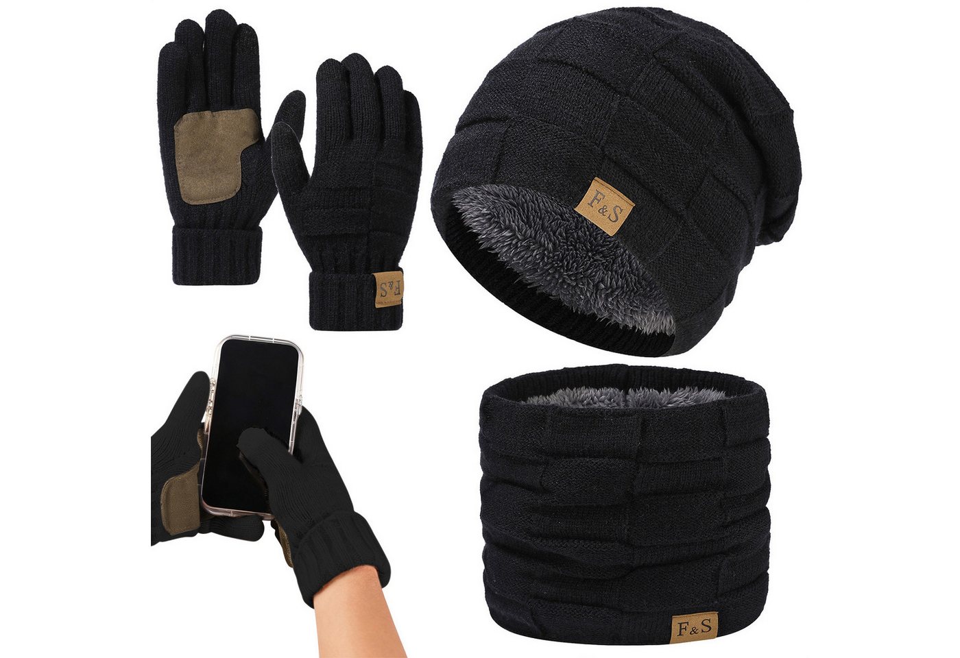 OKWISH Mütze & Schal Winterset Mütze Schal und Handschuhe Mützen- und Schalset (Trendiges Set: Mütze Handschuhe mit Touchscreen-Funktion und Schal, 3-tlg., Doppel-Lagen-Design mit Strick außen und Samtfutter innen) Perfekt für Outdoor-Aktivitäten von OKWISH