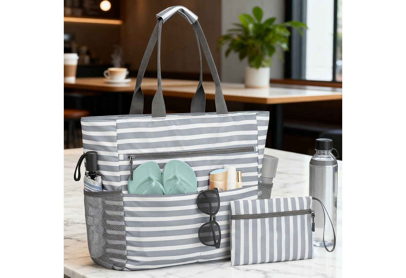 OKWISH Schultertasche Strandtasche Umhängetasche Handtasche Reisetasche Canvas Beach Bag (42 × 15 × 39 cm mit kleiner Tasche, 1-tlg., mit großem Fassungsvermögen Reißverschlüssen separatem Innenfach), für Strand Schwimmbad Picknick Camping oder Einkäufe von OKWISH