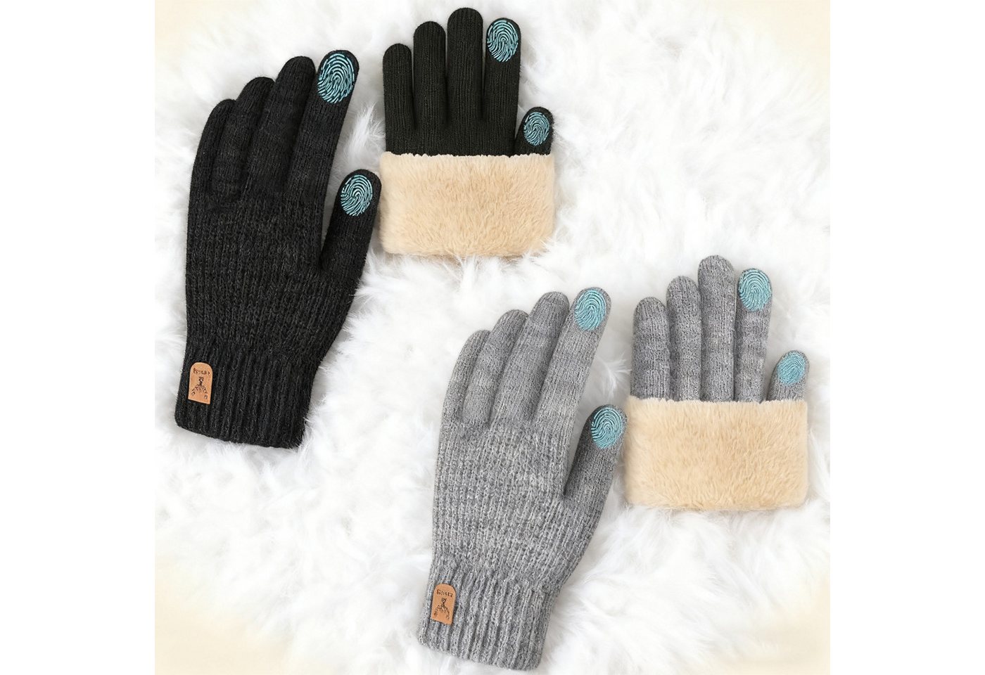 OKWISH Strickhandschuhe Touchscreen-Handschuhe Winterhandschuhe für Damen und Herren (mit Dual-Finger-Touchscreen-Design doppellagigem winddichtem Kragen, 2-St., passt sich Handflächenbreite 8–10 cm und Umfang 18–23 cm) weichem Samtfutter in Einheitsgröße ideal für Damen und Herren von OKWISH
