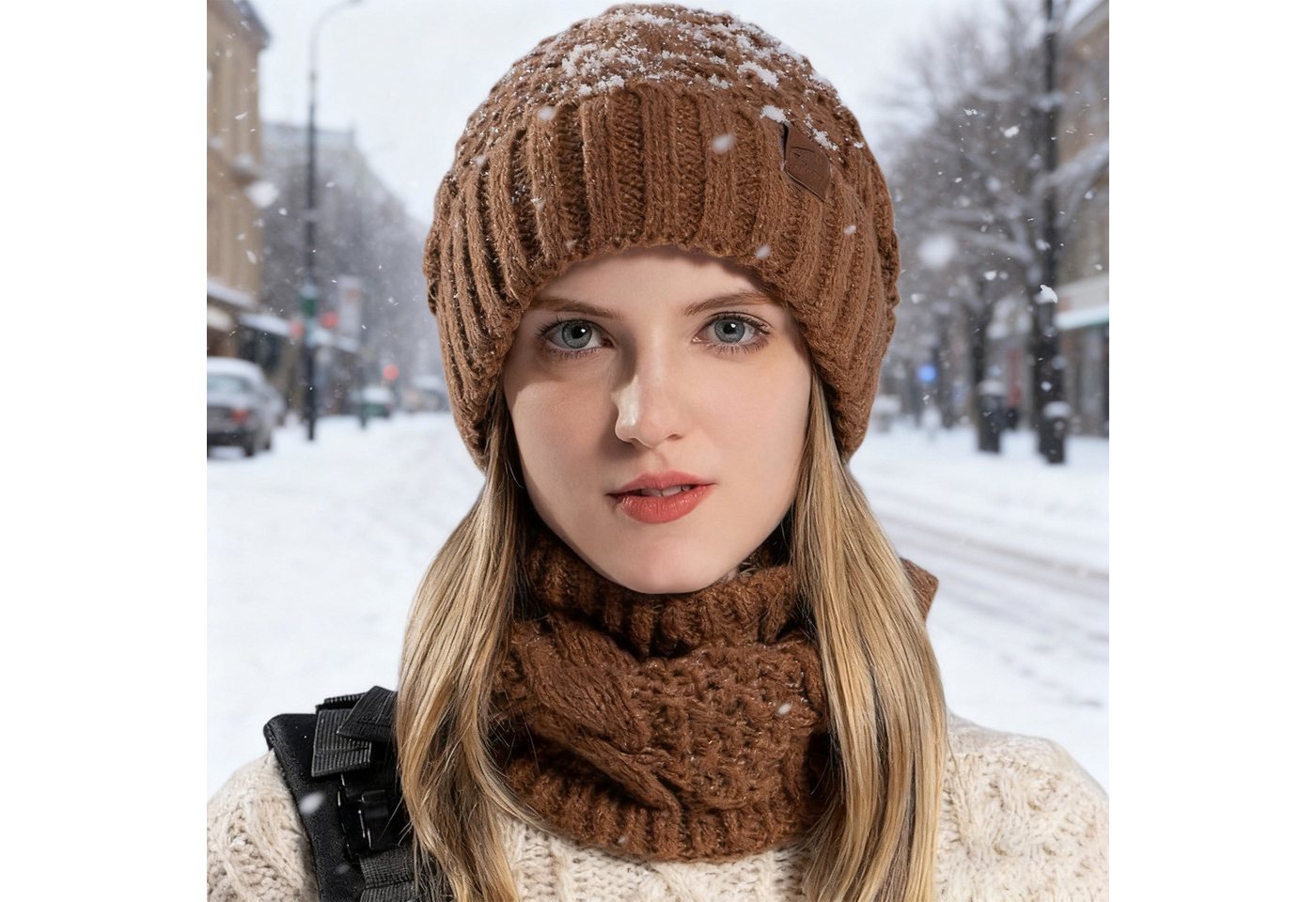 OKWISH Strickmütze Damen Wintermütze und Schal Set Strickmütze Mützen- und Halsset (Leichtes Design mit Schal und Mütze separat nutzbar, 2-St., mit elastischer Passform für Kopfumfänge von 55–60 cm) Vielseitig für Outdoor-Aktivitäten eignet sich auch als Geschenk von OKWISH