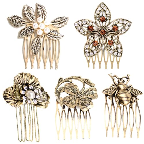 5-teiliges Retro-Haarkamm-Set mit Perlen-Akzenten, Blumen-Clip-Set: Legierungs-Seitenkämme von OLACD
