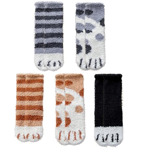 Warme Socken mit Katzenpfotenmotiv für Damen, 5er-Pack, flauschige Wintersocken, Einheitsgröße, Polyester von OLACD